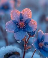 AI generated Spring flowers. Beautifully blossoming blue flowers of anemones with water drops and petals on blue background. Macro shot selective focus. photo