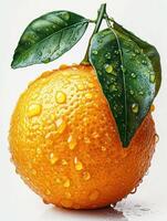 AI generated Orange with leaves and water drops on white background photo