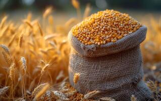 AI generated Yellow corn or maize in sack on the field photo