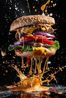 AI generated The hamburger with flying ingredients photo