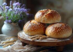 AI generated Three fresh buns with sesame seeds on wooden stand photo