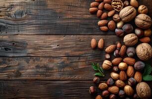 AI generated Different types of nuts on brown wooden table photo