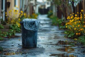 ai generado basura lata es cubierto con el plastico bolso en mojado calle con amarillo flores y casas en el antecedentes foto