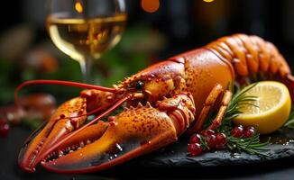 AI generated Delicious freshly steamed lobster in the rough with glass of white wine lemon and rosemary garnish. photo