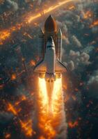 AI generated Space shuttle takes off on mission. Rocket starts into space concept. photo