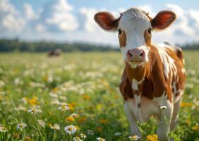 AI generated Young calf is standing in field of daisies photo