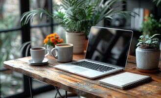 AI generated Laptop notebook and cup of coffee on wooden table with plants in the background photo