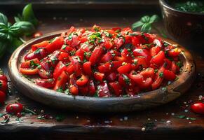 ai generado Fresco tomate ensalada con albahaca y aceituna petróleo en de madera mesa foto