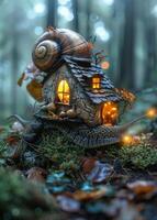 AI generated Snail house in the forest. A giant snail carrying a small house on its back photo