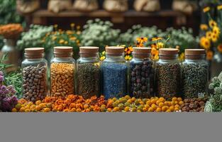 AI generated Glass jars with dried flowers and herbs on wooden table photo