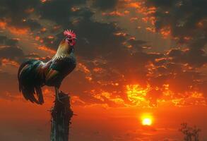 AI generated Rooster crowing on pole at sunset photo