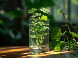 AI generated Fresh green watercress in glass photo