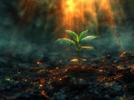 AI generated Young plant growing in the morning light and dark background photo