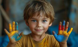 AI generated Boy shows his hands painted with colors. photo