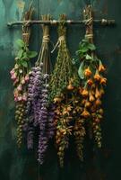 AI generated Various dried herbs hanging on wall photo