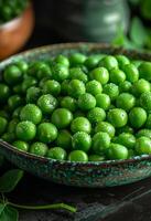 AI generated Green peas in bowl on dark background photo