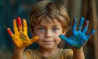 ai generado niño muestra su manos pintado con diferente colores foto