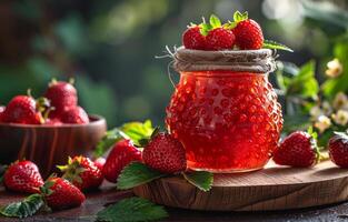 ai generado fresa mermelada en vaso tarro y Fresco fresas en de madera mesa foto