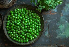 AI generated Green peas in bowl. A fresh peas are shown on a black plate photo