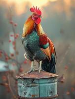 AI generated Rooster sitting on barrel in the morning light photo