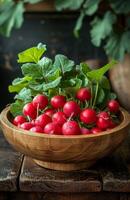 AI generated Fresh red radishes in wooden bowl on dark rustic background photo