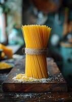 ai generado sin cocer seco italiano espaguetis atado con enroscarse en rústico de madera el cortar tablero en cocina foto