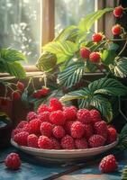 AI generated Raspberries in plate on wooden table in the rays of the sun photo