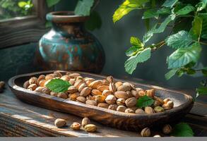 AI generated Wooden bowl with pistachios and mint leaves photo