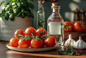 ai generado Fresco Tomates y aceituna petróleo en de madera mesa foto