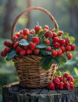 AI generated Basket with strawberries on the stump in the forest photo