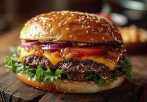 ai generado delicioso A la parrilla carne de vaca hamburguesa con lechuga queso cebolla y tomate en sésamo bollo foto