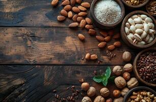 AI generated Different types of nuts in bowls on wooden table photo