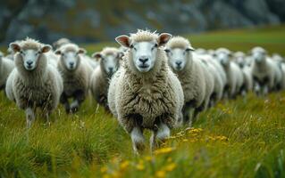 AI generated Large herd of sheep. A sheep herd on grassy background photo