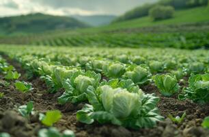 AI generated Cabbage field in the morning. A green vegetables grow in a field photo