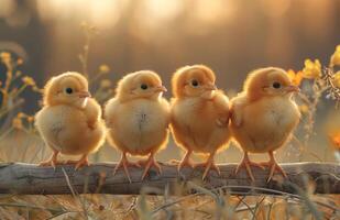 AI generated Four little chicks sitting on stick in the grass photo