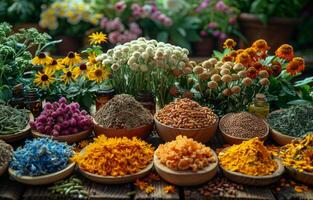 AI generated Herbs and flowers on the wooden table photo