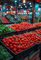 AI generated Fresh tomatoes in boxes on the market photo