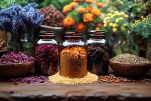 AI generated The ancient Ayurvedic medicine herbs infusion tincture or essential oil in the bottle photo