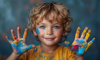 AI generated Child shows his hands with paint on them. photo