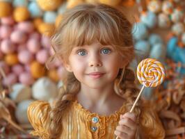 ai generado pequeño niña sostiene grande caramelo en su manos y sonrisas foto