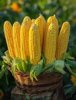 AI generated Fresh corn cobs in basket on wooden table photo