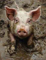 AI generated a pig is in a muddy area with clean white mud photo