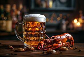 AI generated Glass of cold light beer with lobster and salted fish on dark pub background. photo