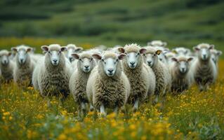 AI generated Large herd of sheep. A sheep herd on grassy background photo