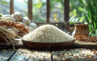 AI generated Jasmine rice in bowl and Jasmine flowers on wooden table and the window with nature background photo