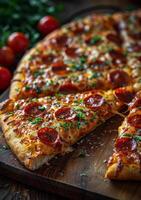 AI generated Delicious homemade pepperoni pizza with cheese and herbs photo