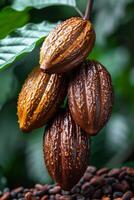 AI generated Cocoa beans on branch of cocoa tree photo