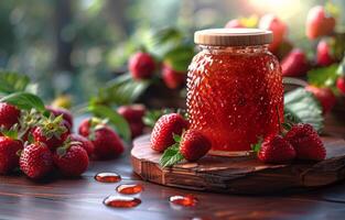 AI generated Jar of strawberry jam on wooden table photo