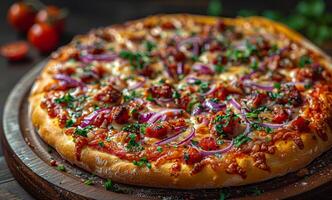 ai generado delicioso hecho en casa Pizza con picado carne queso tomate salsa y rojo cebolla foto