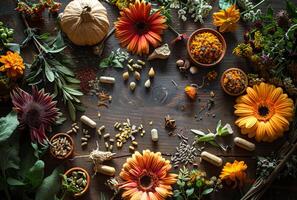 AI generated Autumnal flowers and leaves on wooden table photo